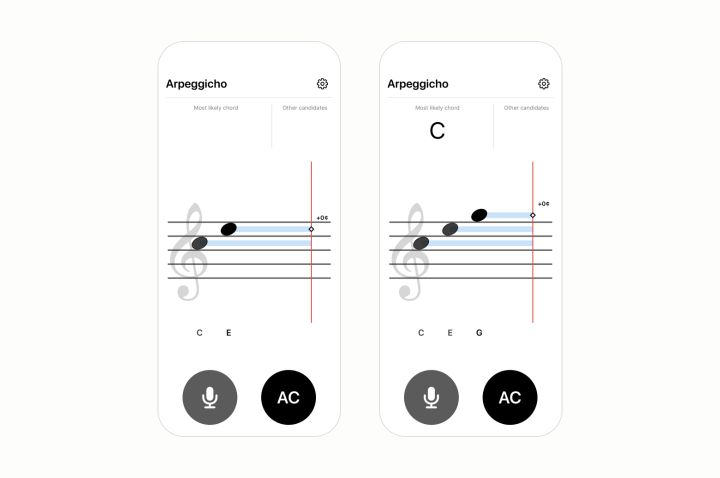 Two portrait views of Arpeggicho: C and E on the left; C, E and G with the chord label C on the right.