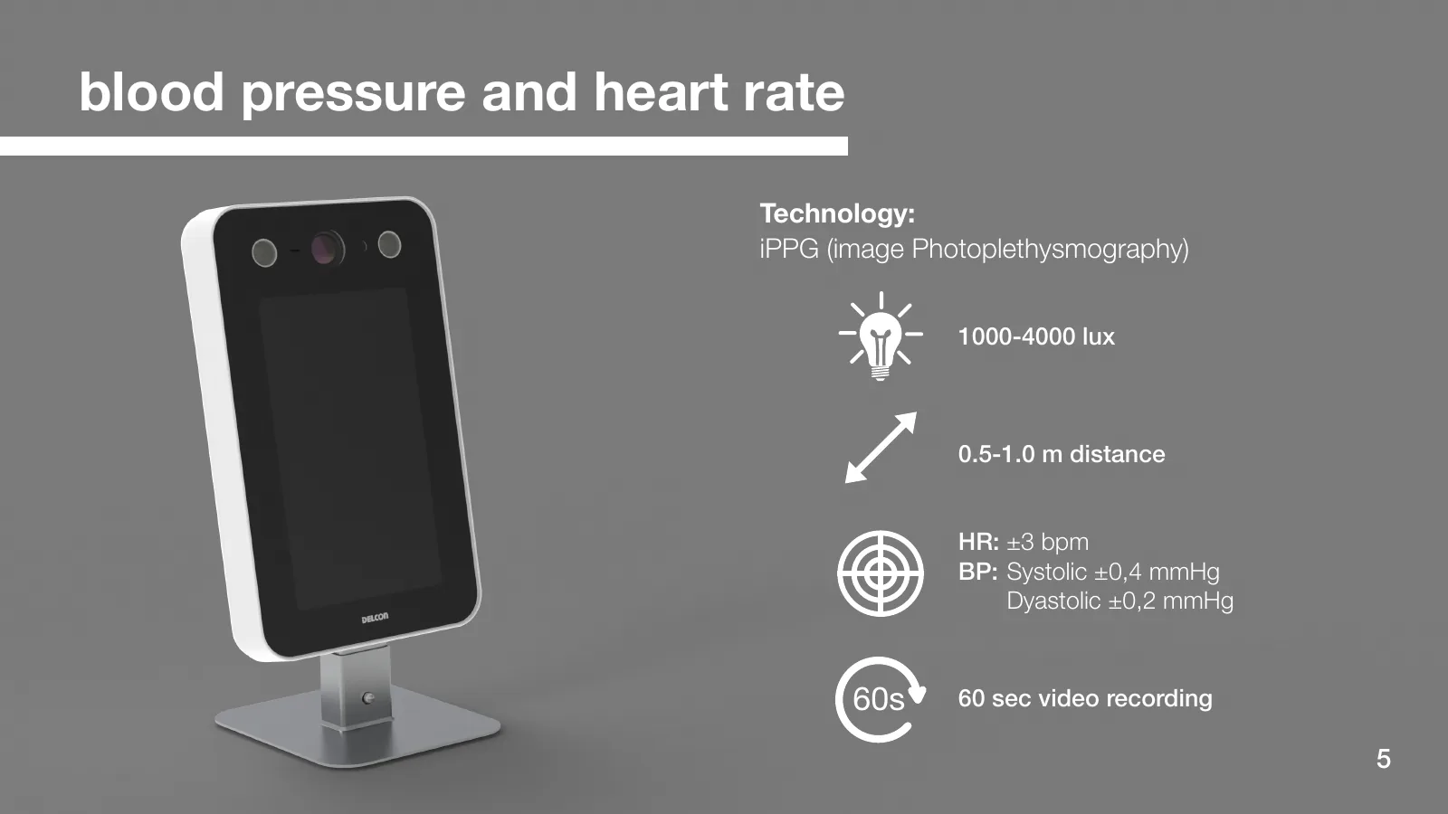 Uso proposto dell’iPPG facciale per stimare frequenza cardiaca e pressione, con distanza, illuminamento, durata della misurazione e ipotesi progettuali.