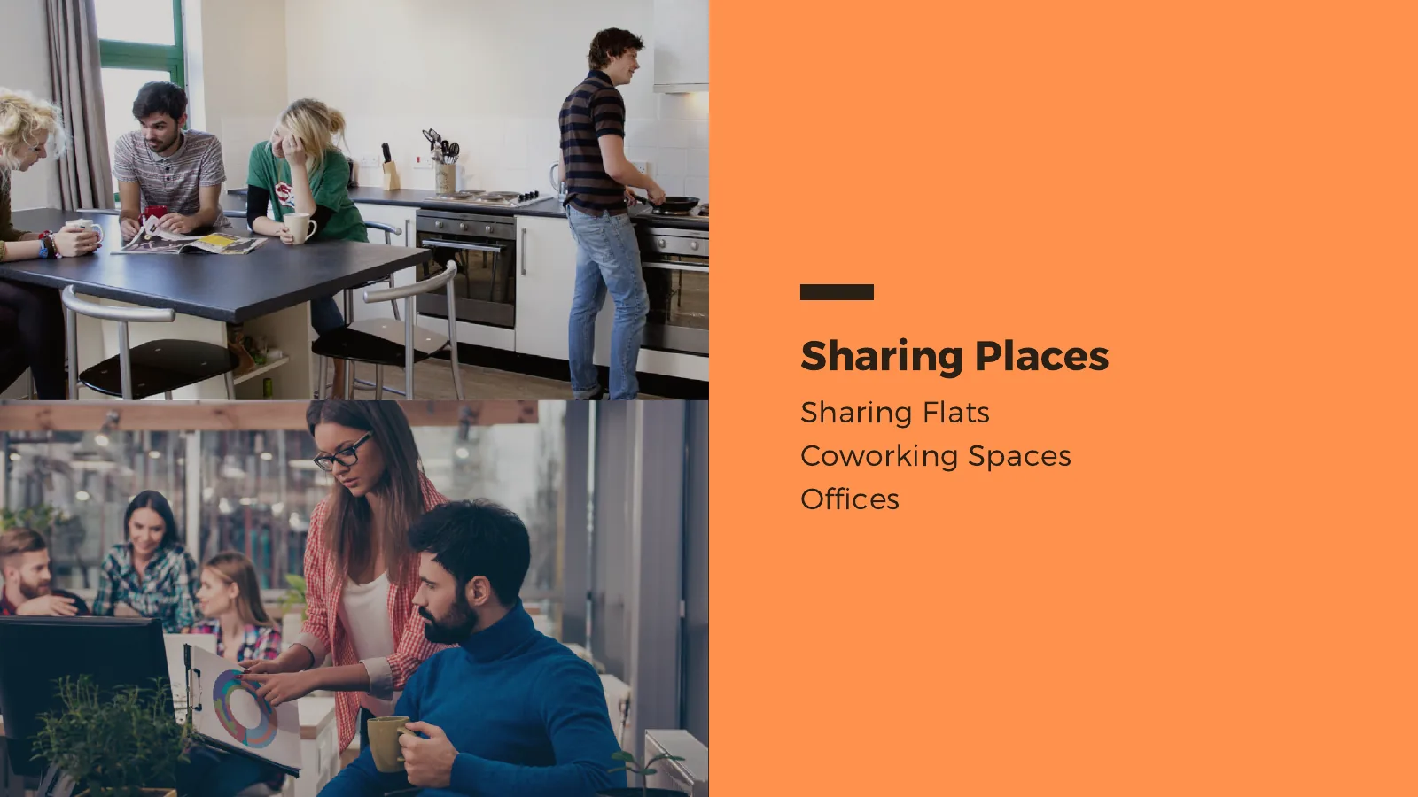 Fotografie dei tre contesti previsti: appartamento condiviso, coworking e ufficio.