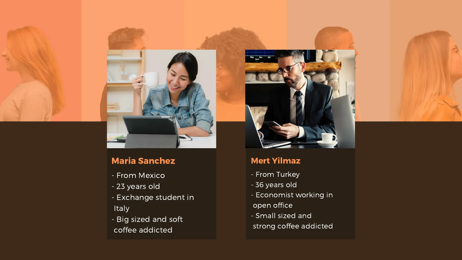 Due personas con preferenze opposte: Maria preferisce un caffè lungo e delicato, Mert uno corto e forte.