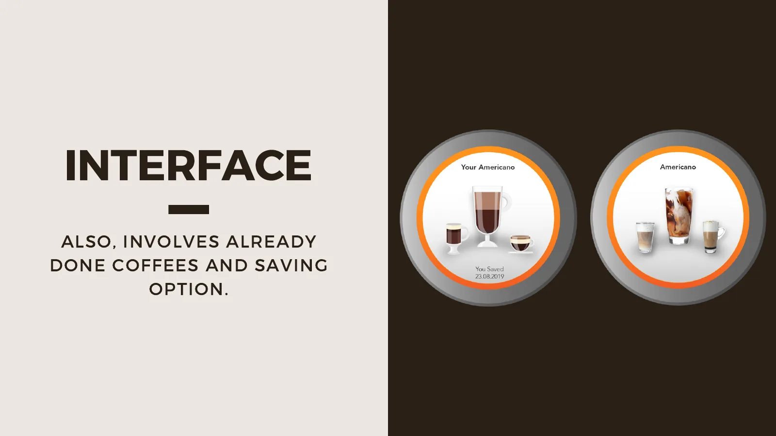 Percorso dell’interfaccia circolare con la ricetta salvata «Your Americano» e le opzioni per volume e preferenze.