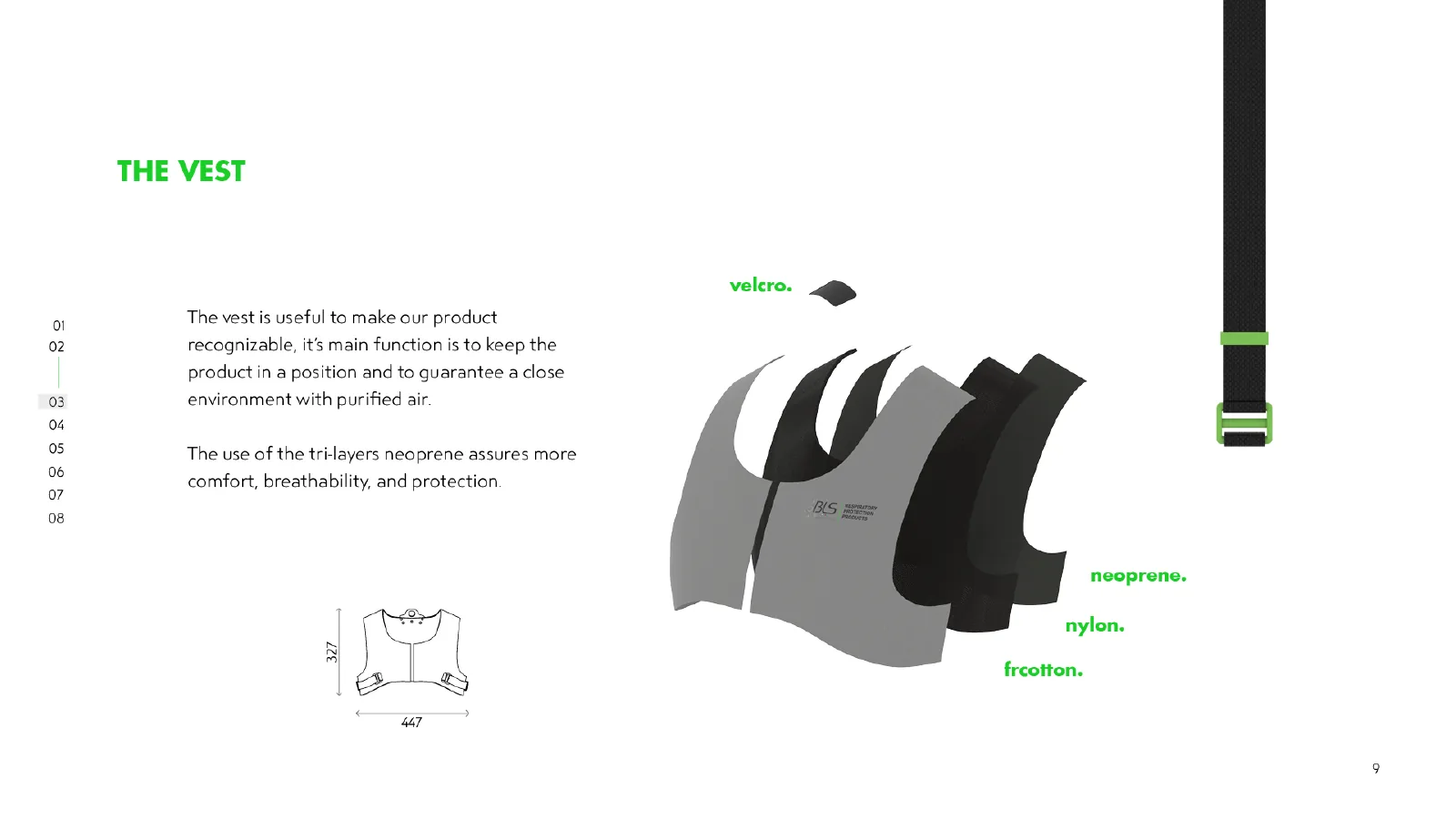Struttura a strati, dimensioni e materiali del gilet, tra cui cotone ignifugo, neoprene e nylon.