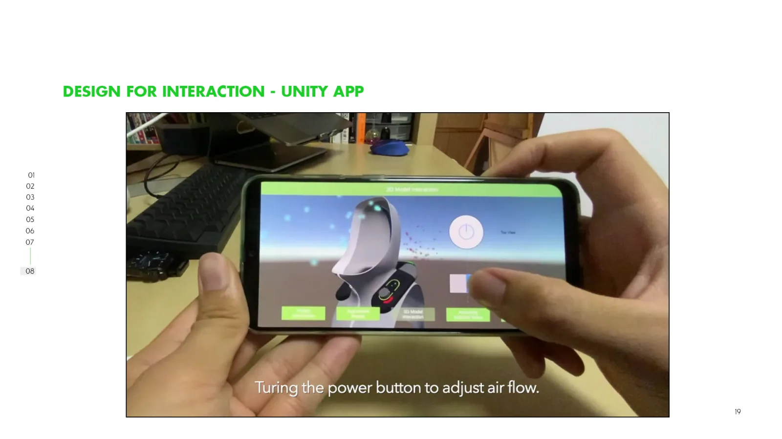 Dimostrazione interattiva in Unity che usa un’interfaccia mobile e un modello 3D per controllare movimento e portata simulati dell’aria.