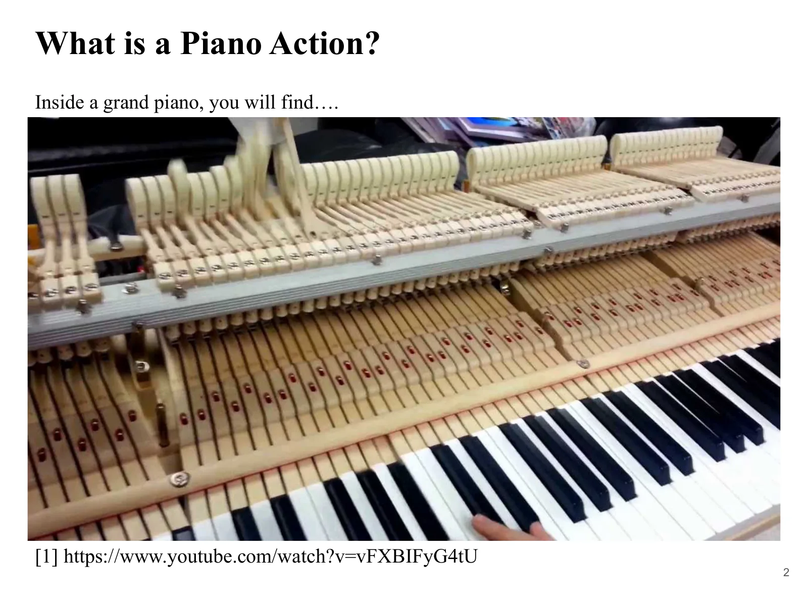 A photograph of the inside of a grand piano, introducing the row of action mechanisms behind the keys.