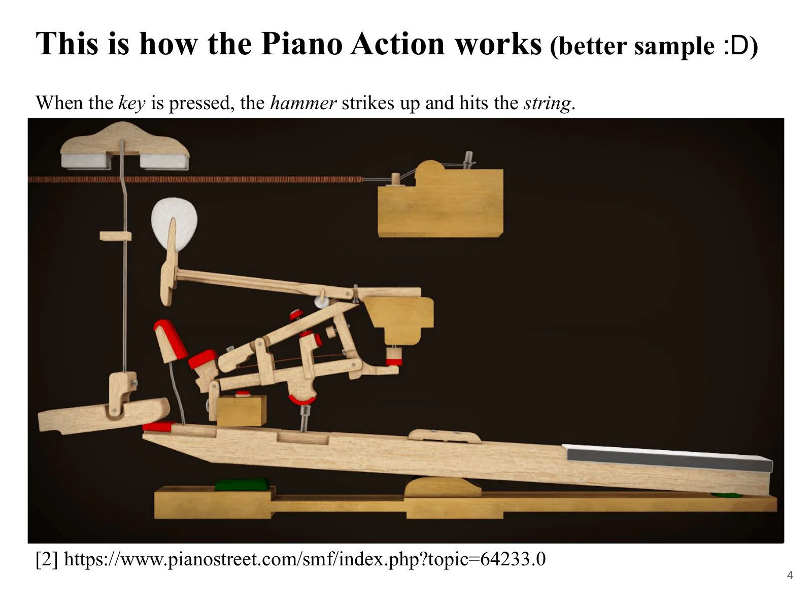 A sectional model of the piano action, showing that pressing a key raises the hammer to strike the string.