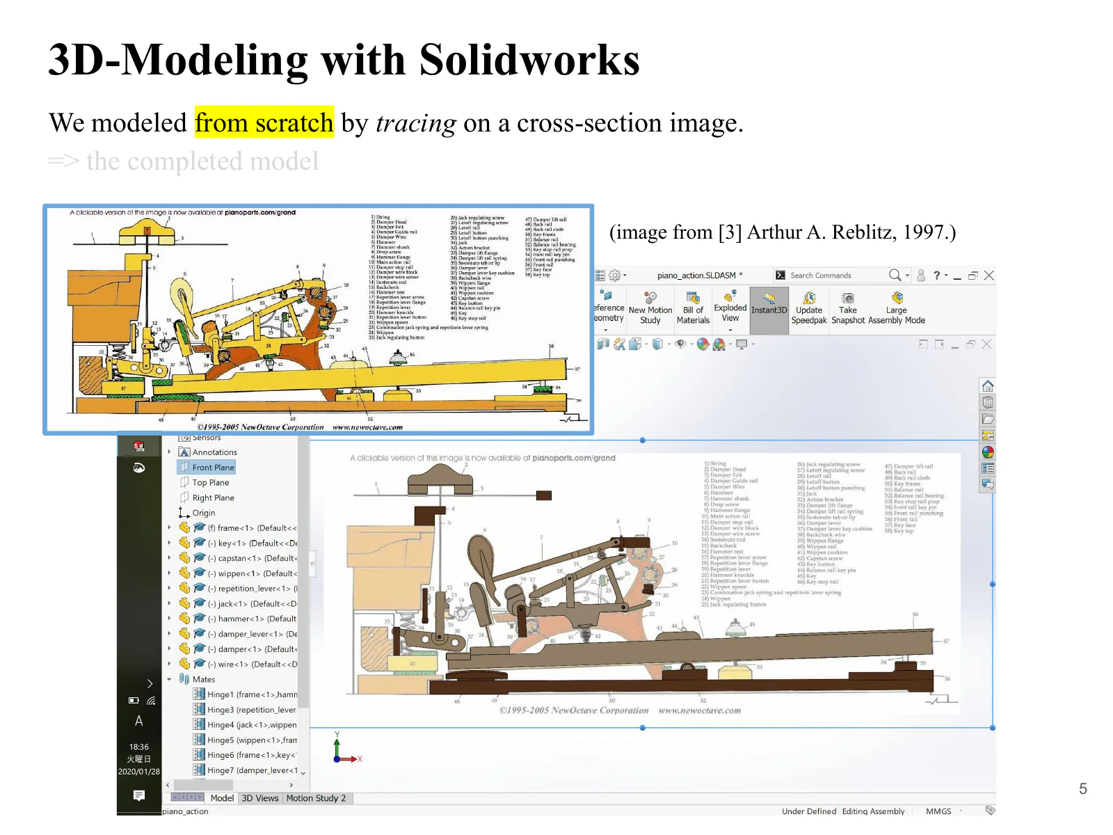 Tracing a cross-sectional reference drawing to model each part from scratch in SolidWorks.