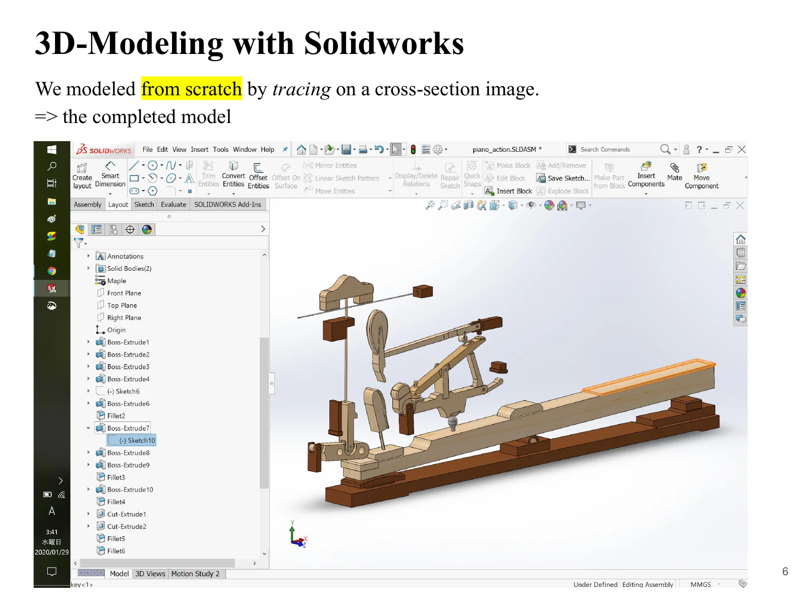 The completed 3D assembly of the piano action in SolidWorks.