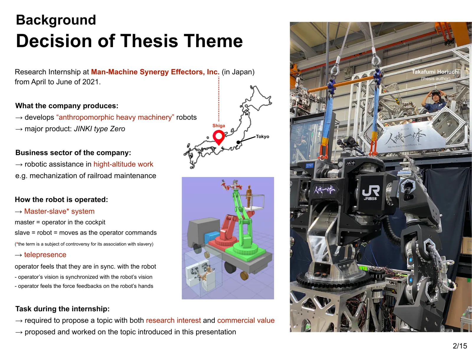 Contesto: il tema della tesi è stato definito durante un tirocinio di ricerca presso Man-Machine Synergy Effectors, Inc., azienda che sviluppa macchinari pesanti antropomorfi comandati con un sistema master-slave.