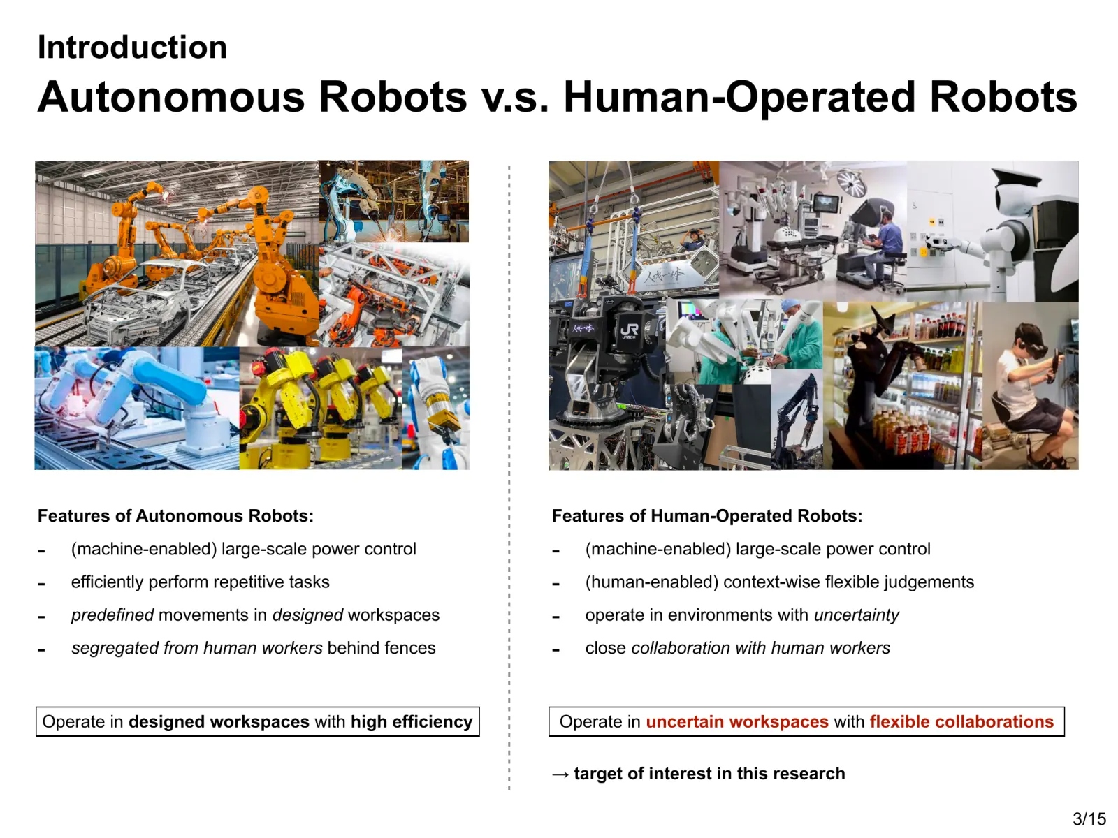 Robot autonomi a confronto con robot comandati da persone: i primi lavorano con efficienza in spazi progettati e recintati, i secondi in spazi incerti accanto alle persone.