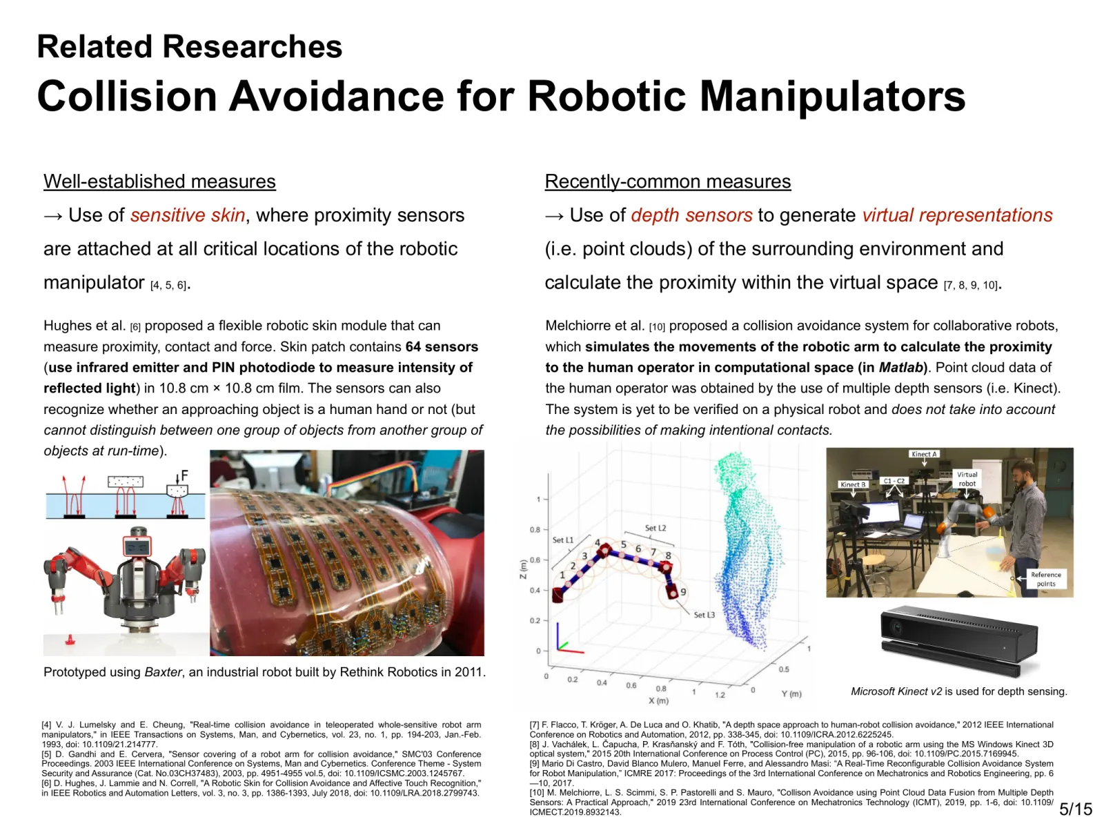 Ricerche correlate sull’evitamento delle collisioni: pelle sensibile che riveste il manipolatore e sensori di profondità che costruiscono una rappresentazione virtuale dell’ambiente.