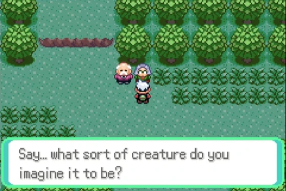 An elderly couple stand in Petalburg Woods. A dialogue box reads: Say… what sort of creature do you imagine it to be?