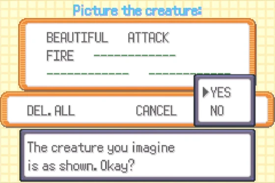 The Easy Chat entry screen titled "Picture the creature:" with the words BEAUTIFUL, ATTACK and FIRE entered.