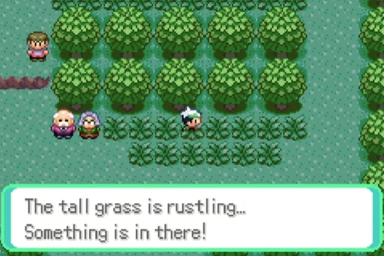 The player stands in the woods beside tall grass. A dialogue box reads: The tall grass is rustling… Something is in there!