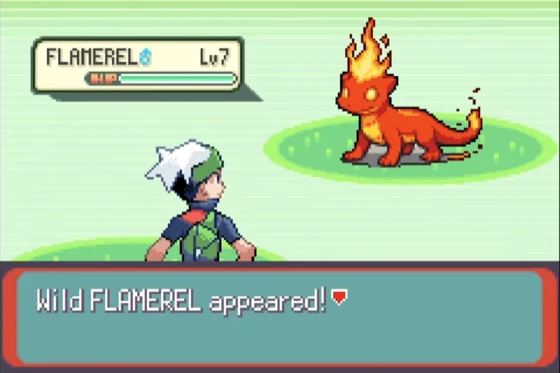 A battle screen. A red lizard with a flame on its head faces the player. The text reads: Wild FLAMEREL appeared!