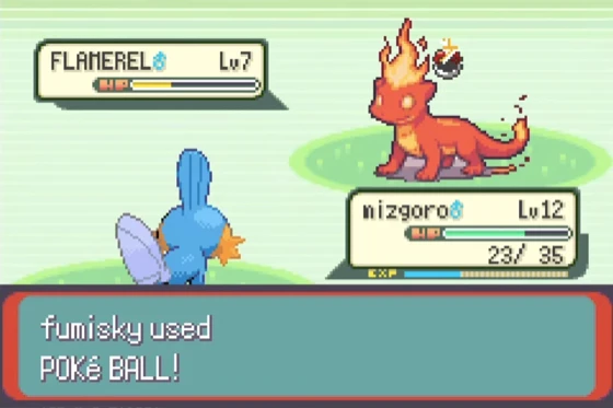 A Poké Ball is thrown at FLAMEREL during the battle.