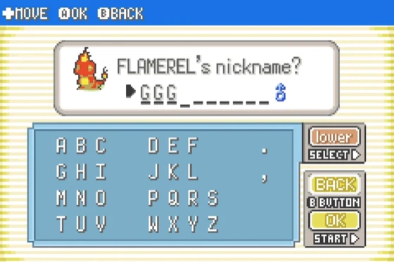 The naming screen asking for FLAMEREL's nickname, with GGG entered.