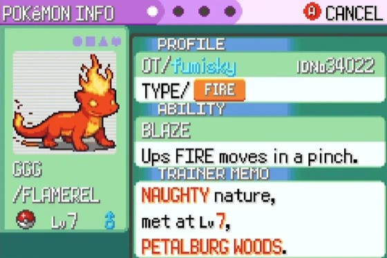 The Pokémon Info screen for FLAMEREL, showing Fire type, the Blaze ability, a naughty nature, and met at Level 7 in Petalburg Woods.