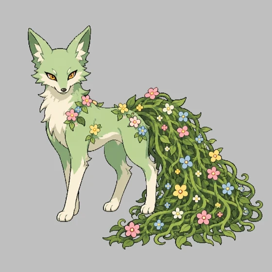 Hanagitsune, front view: a pale green fox whose tail is a cascade of flowering vines.